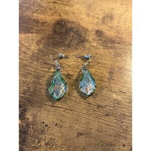 Green Art Glass Dangle Earrings Dichroic Style Silver Tone Hook Handmade Look